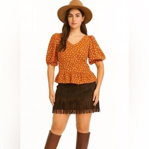 Melloday boho Orange floral smocked Peasant Top Size S